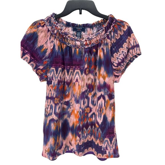 Chaps Boho Floral Smocked Peasant Top Blue Pink Raglan Blouse Petite M Colorful - Picture 1 of 6